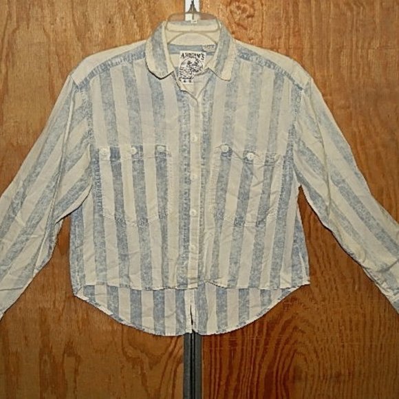#1527 VTG 90's Andrews Blues Striped Denim Shirt  Button Top Sm - Picture 1 of 3